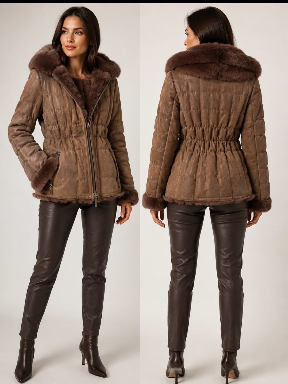 Women's Brown Shearling Zip-Front Leather Jacket with Hood